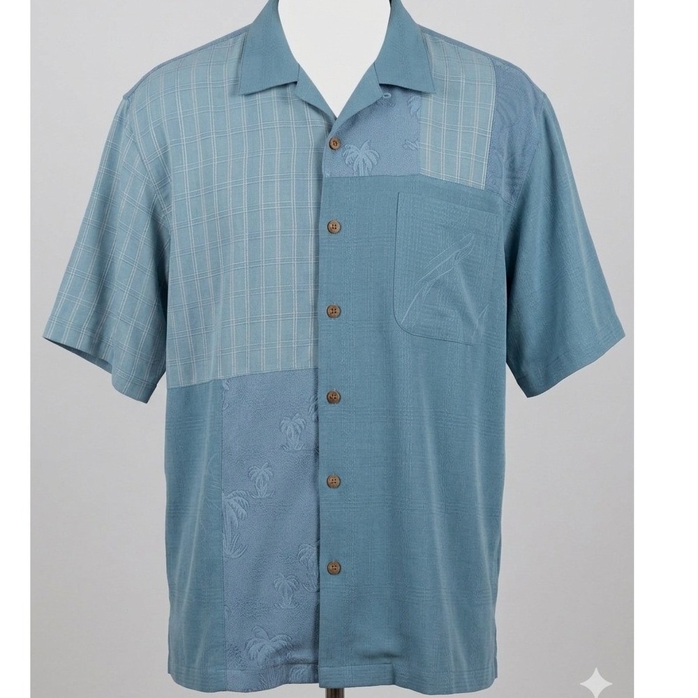 NWOT Tommy Bahama XL Silk Shirt Blue Patchwork Palm Tree Coastal Luxe Resortwear